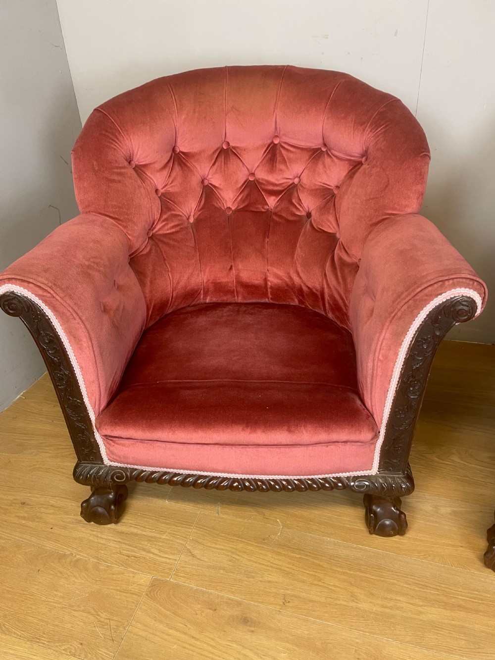 C19TH Pair of tub chairs with carved mahogany frames  View V