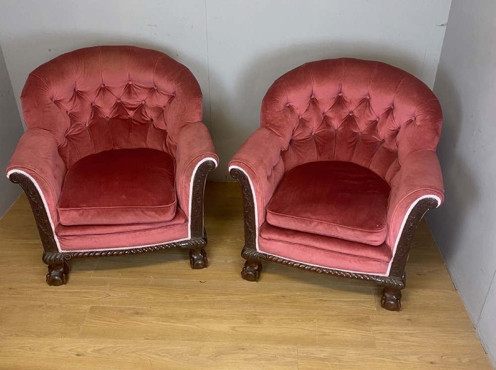 C19TH Pair of tub chairs with carved mahogany frames  View X