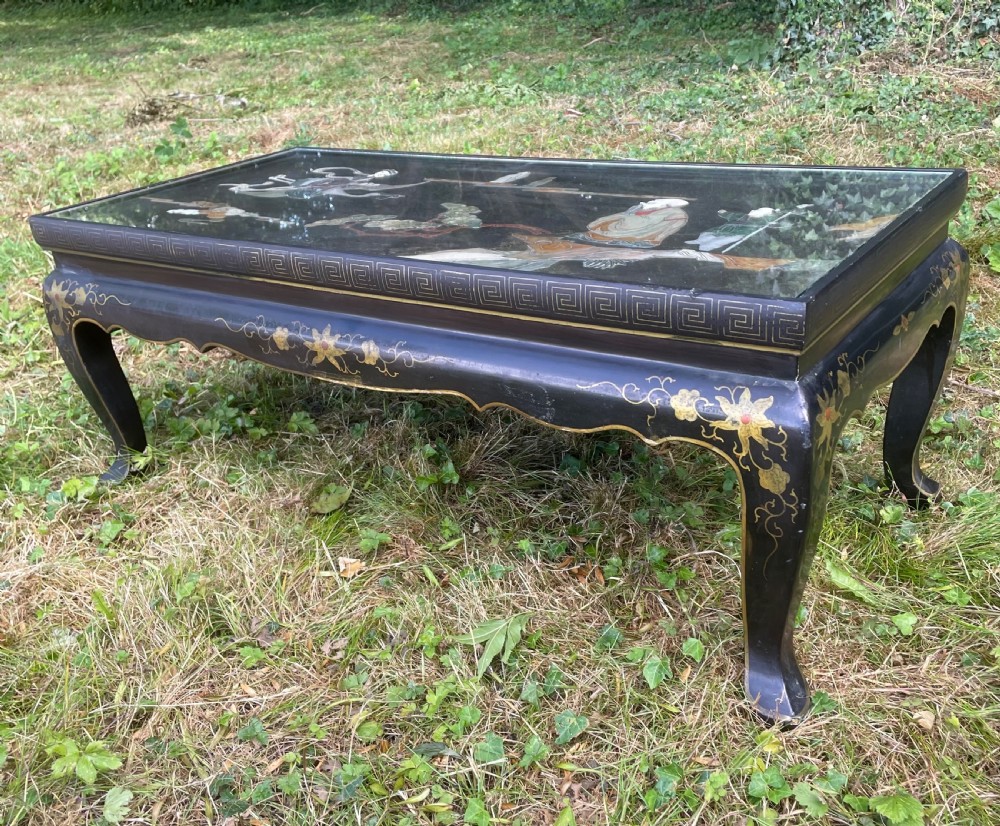 Black lacquer chinoiserie coffee table circa 1930 View XI