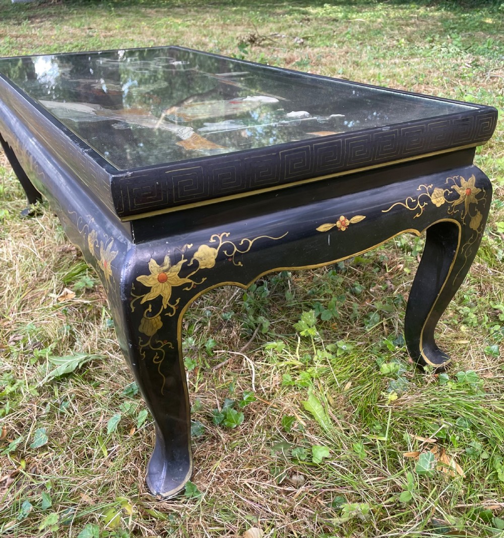 Black lacquer chinoiserie coffee table circa 1930 View XII
