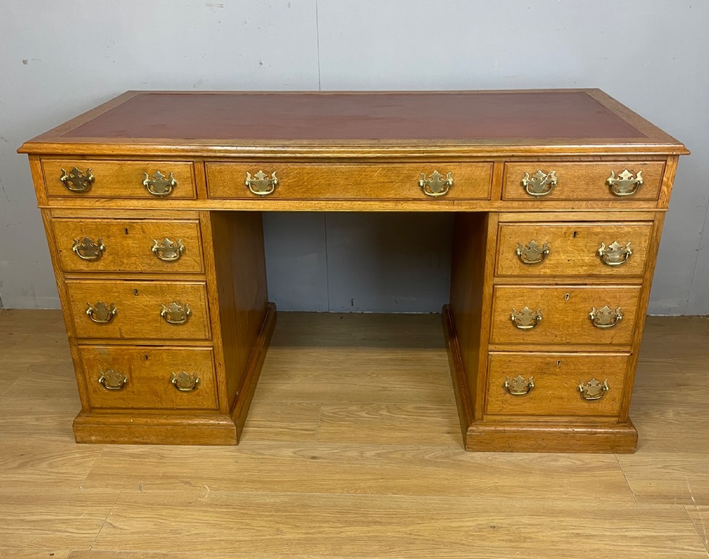 C19TH golden oak twin pedestal desk by Davies of Plymouth View II