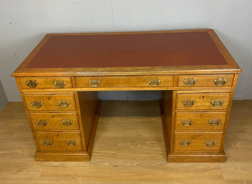 C19TH golden oak twin pedestal desk by Davies of Plymouth View III