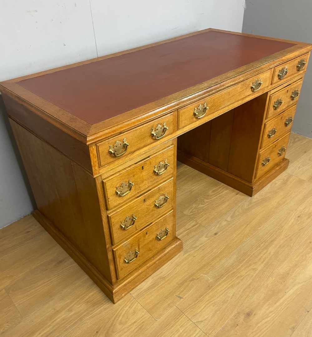 C19TH golden oak twin pedestal desk by Davies of Plymouth View IV