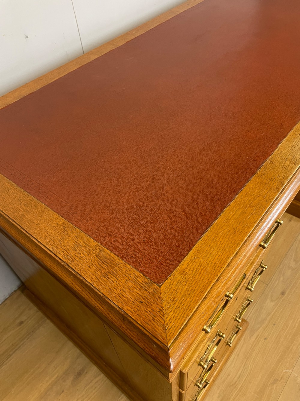 C19TH golden oak twin pedestal desk by Davies of Plymouth View VI