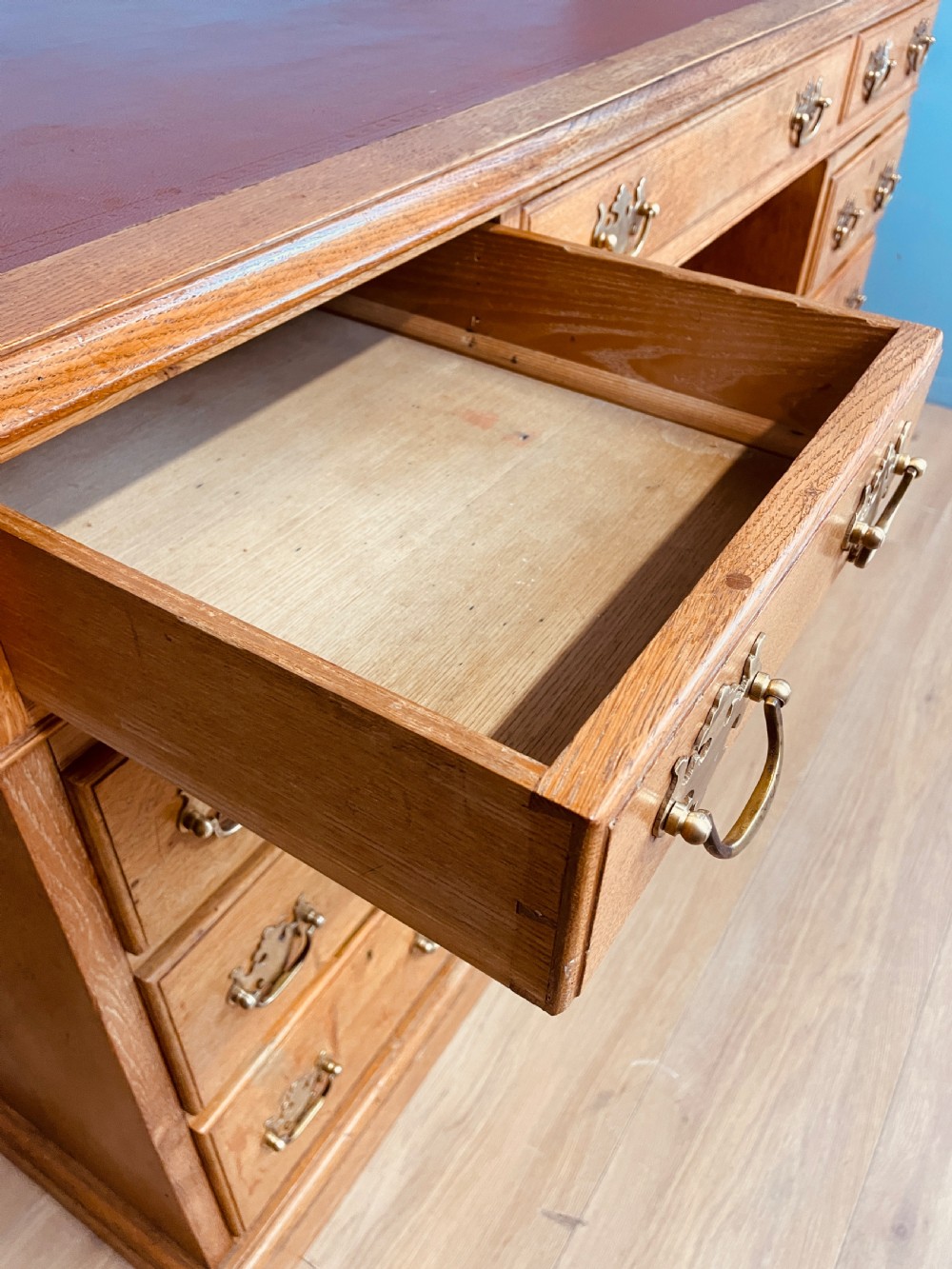 C19TH golden oak twin pedestal desk by Davies of Plymouth View VIII