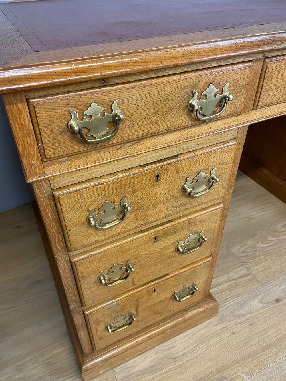 C19TH golden oak twin pedestal desk by Davies of Plymouth View IX