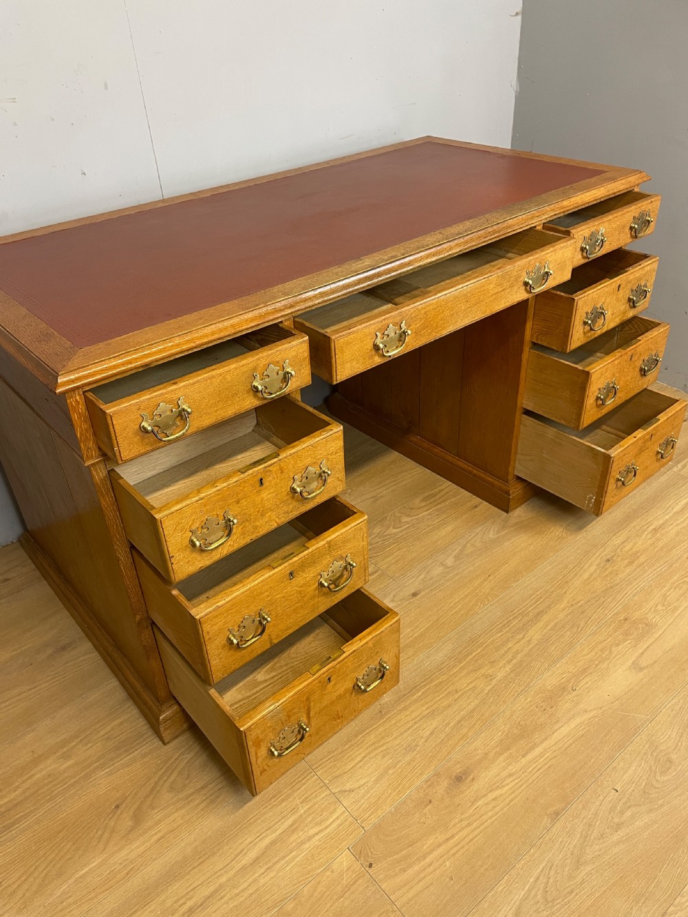 C19TH golden oak twin pedestal desk by Davies of Plymouth View X
