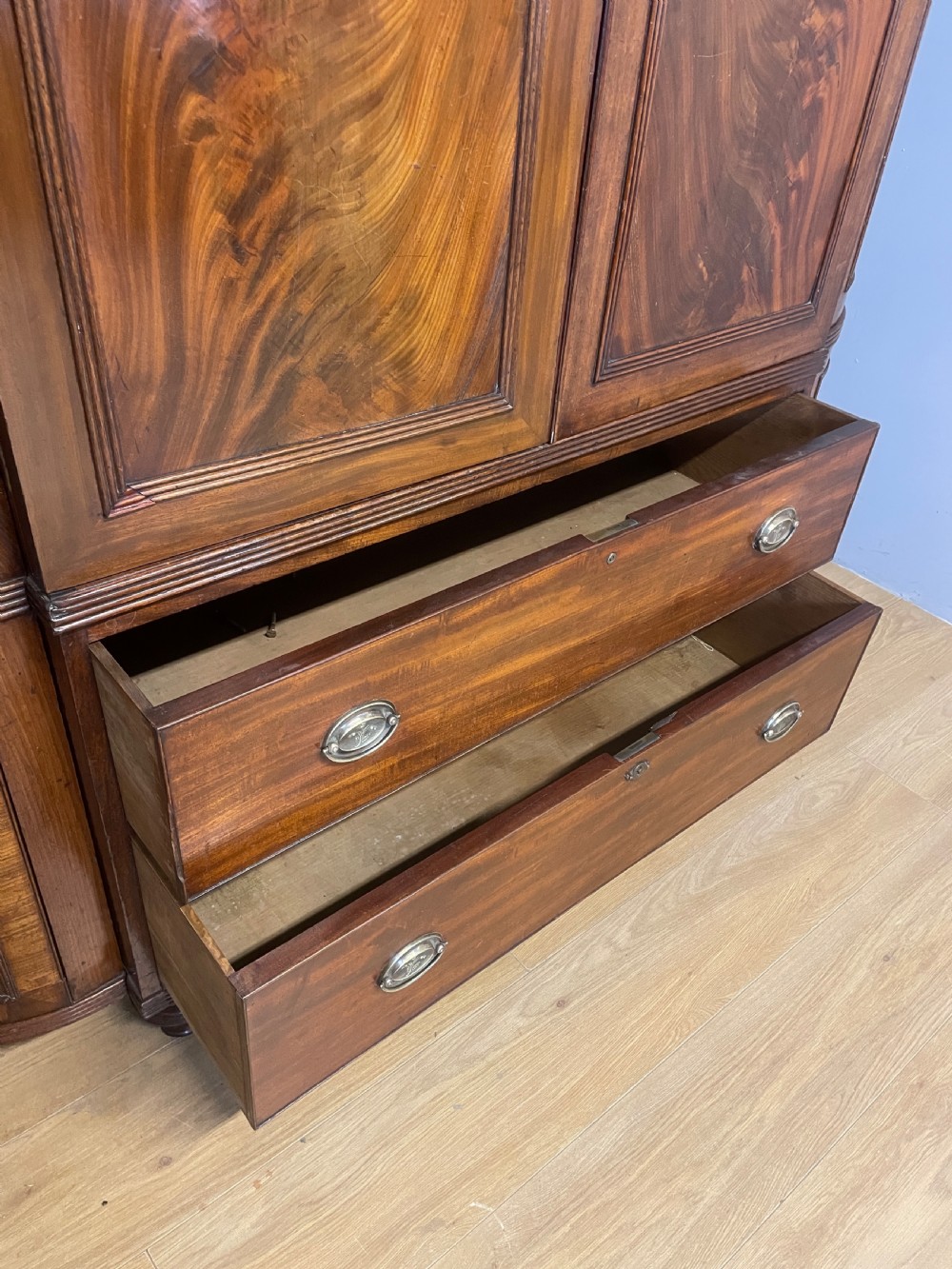C19TH country house flame mahogany bow fronted and breakfront wardrobe  View X