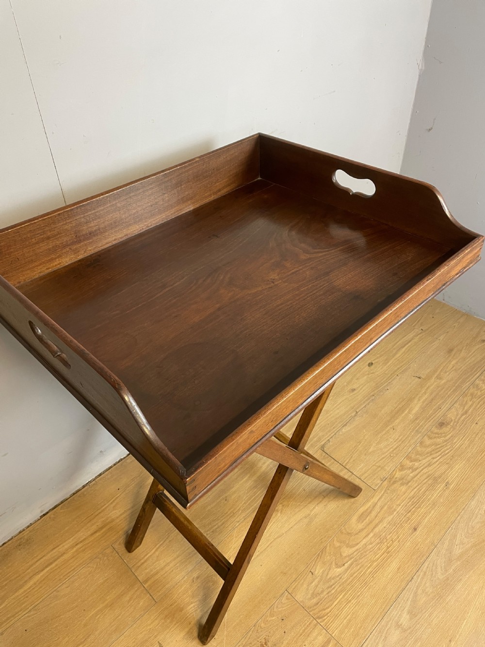 C19TH mahogany butlers tray on stand  View II