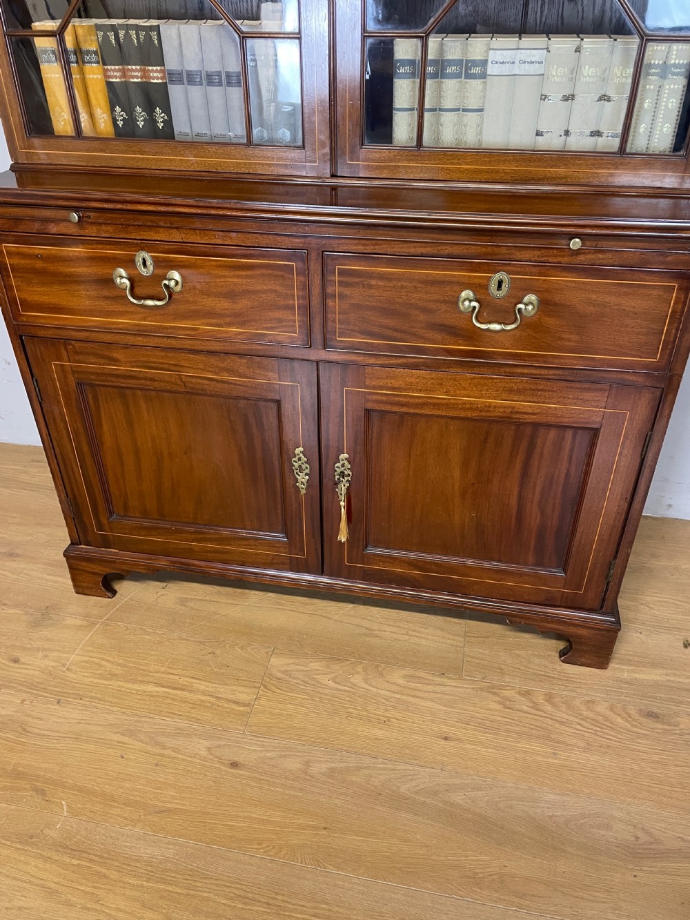 C19TH Sheraton revival inlaid mahogany bookcase over cupboard  View IV
