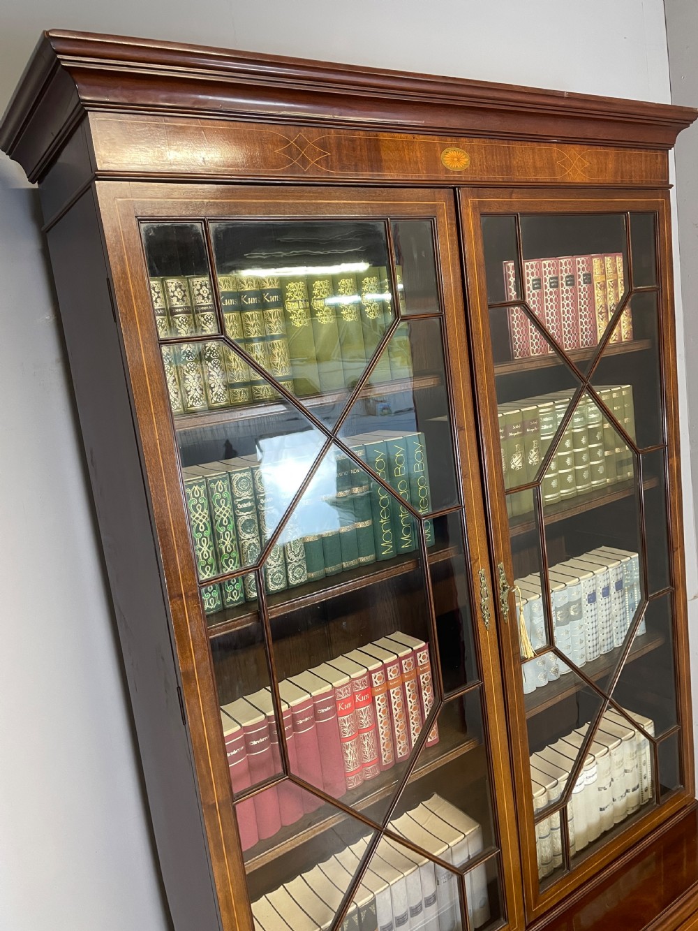 C19TH Sheraton revival inlaid mahogany bookcase over cupboard  View VI