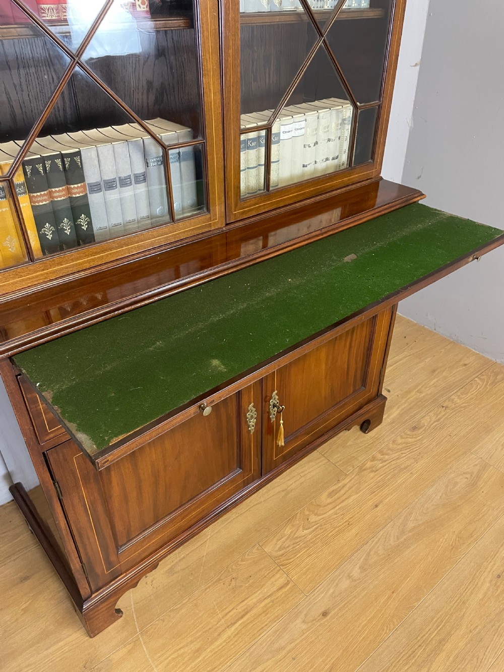 C19TH Sheraton revival inlaid mahogany bookcase over cupboard  View VII