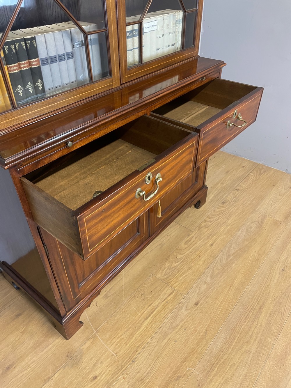 C19TH Sheraton revival inlaid mahogany bookcase over cupboard  View VIII