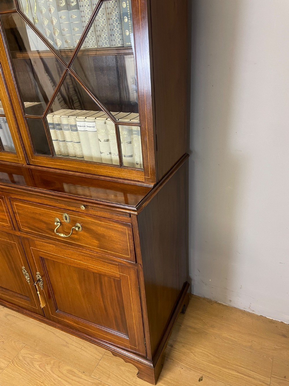 C19TH Sheraton revival inlaid mahogany bookcase over cupboard  View IX