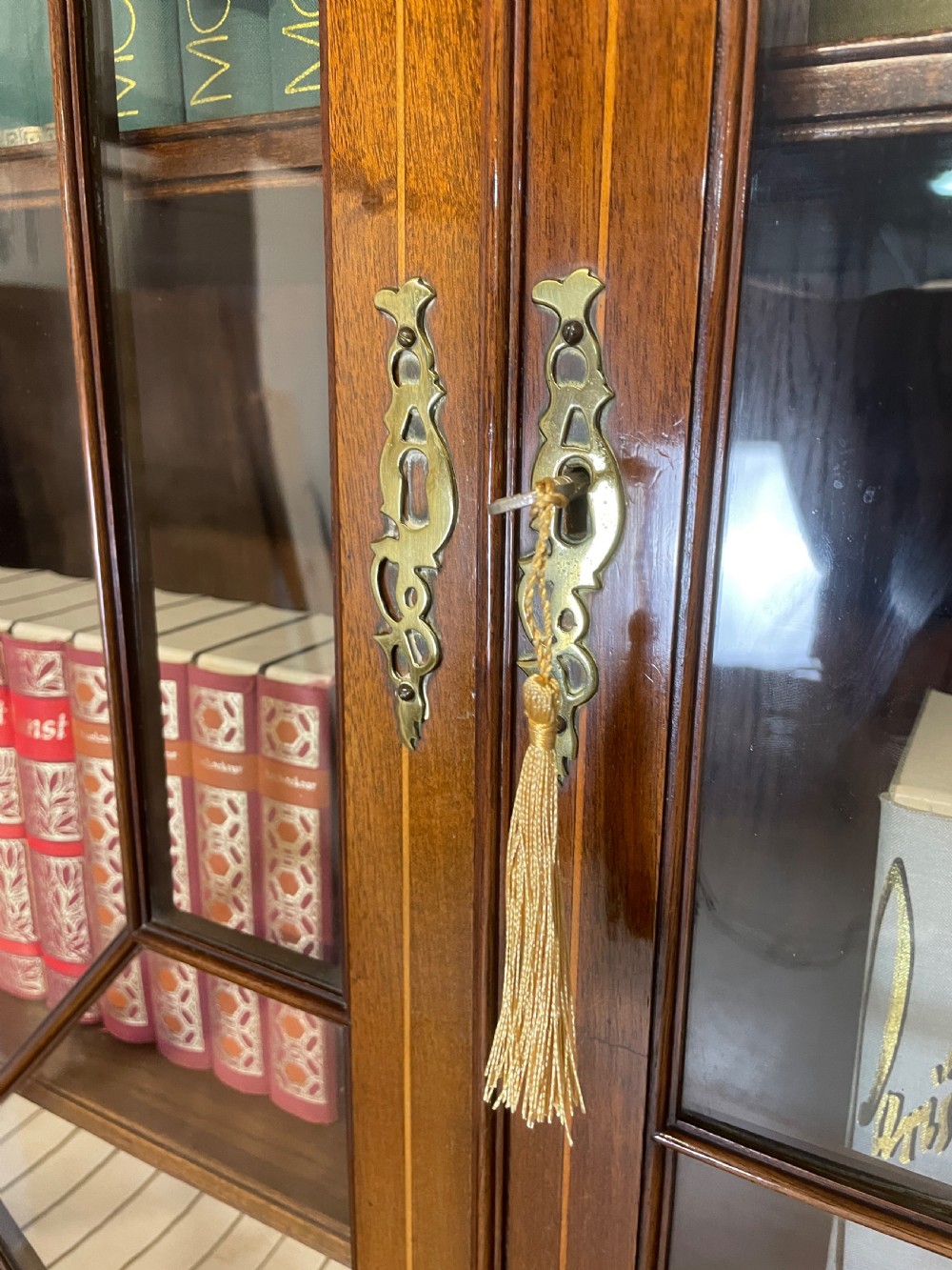 C19TH Sheraton revival inlaid mahogany bookcase over cupboard  View X