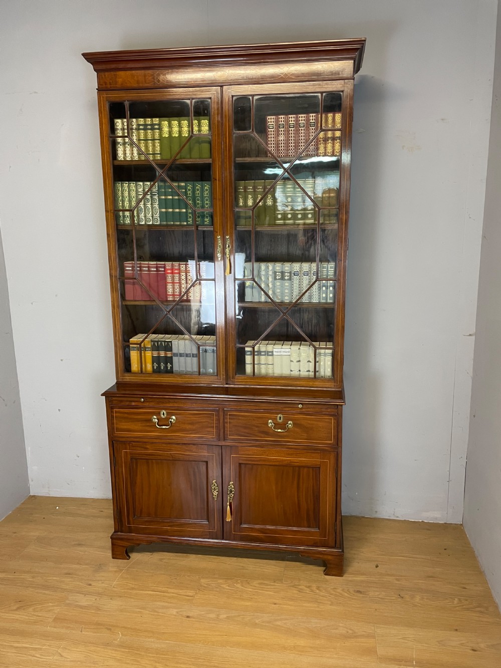 C19TH Sheraton revival inlaid mahogany bookcase over cupboard  View XI