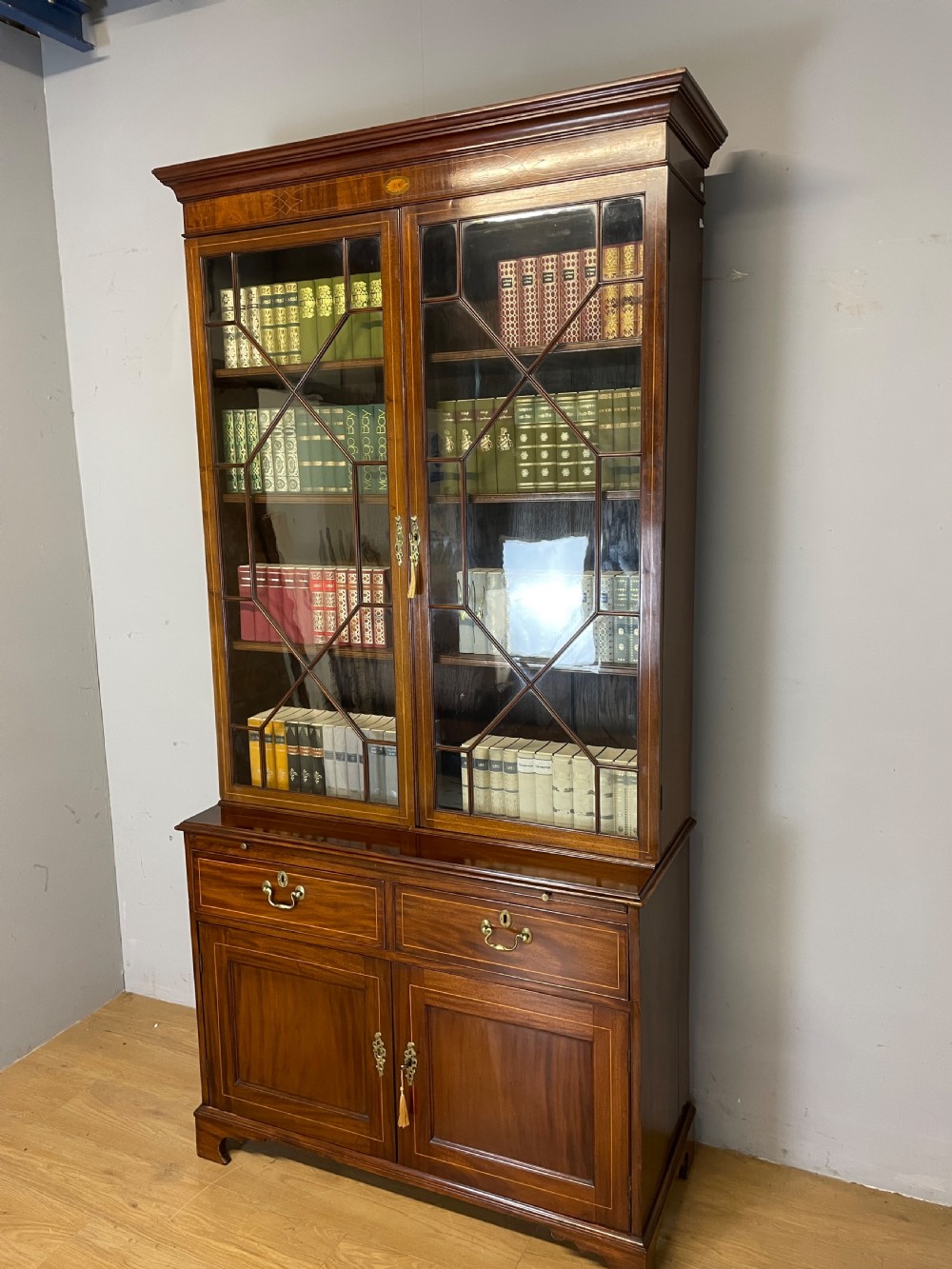 C19TH Sheraton revival inlaid mahogany bookcase over cupboard  View XII