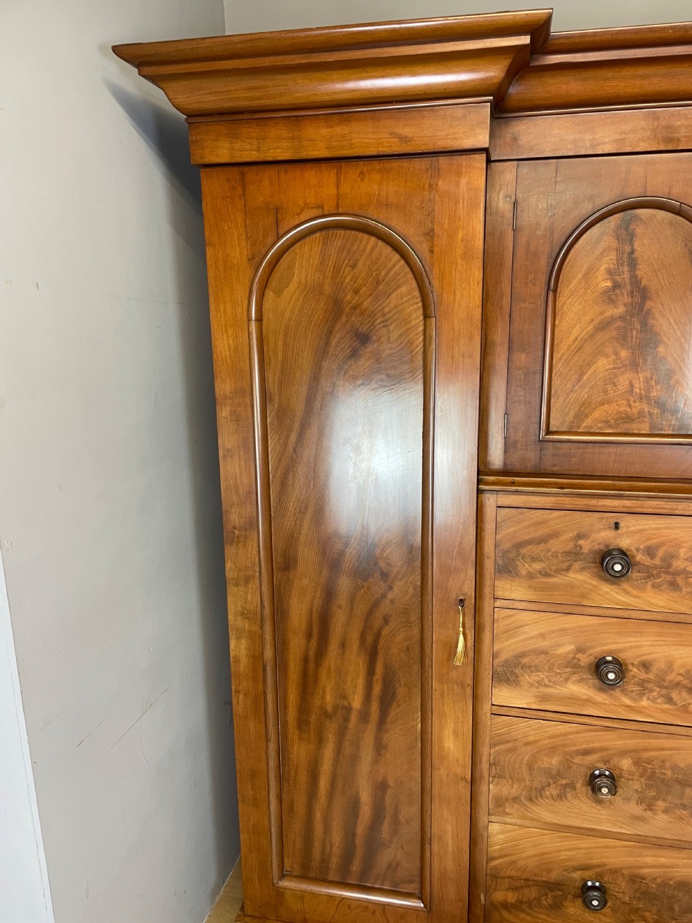 C19TH country house flame mahogany four door wardrobe  View III