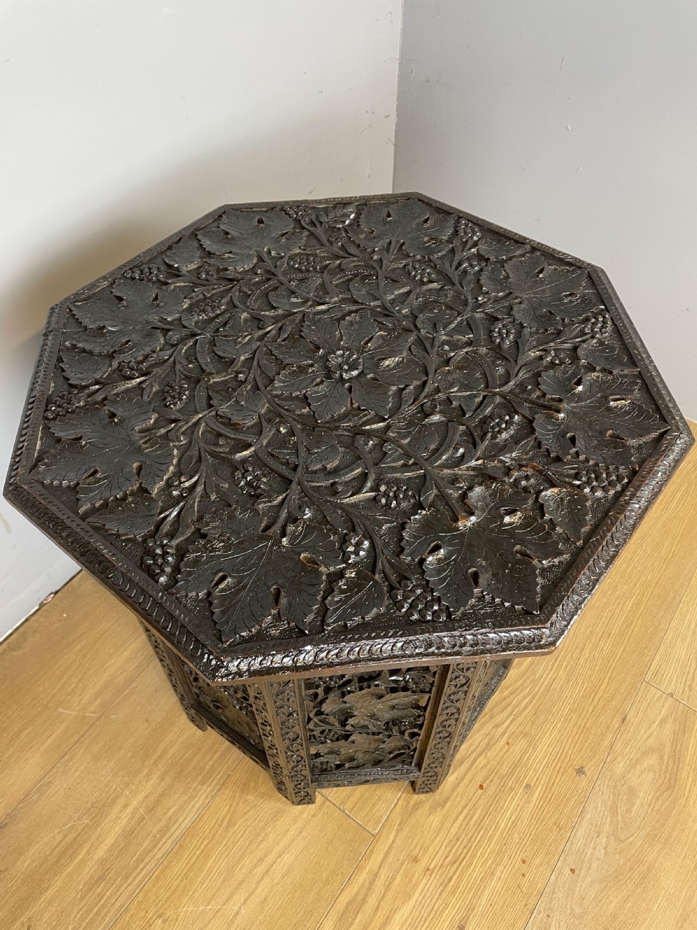 Carved Anglo Indian folding octagonal table  View III