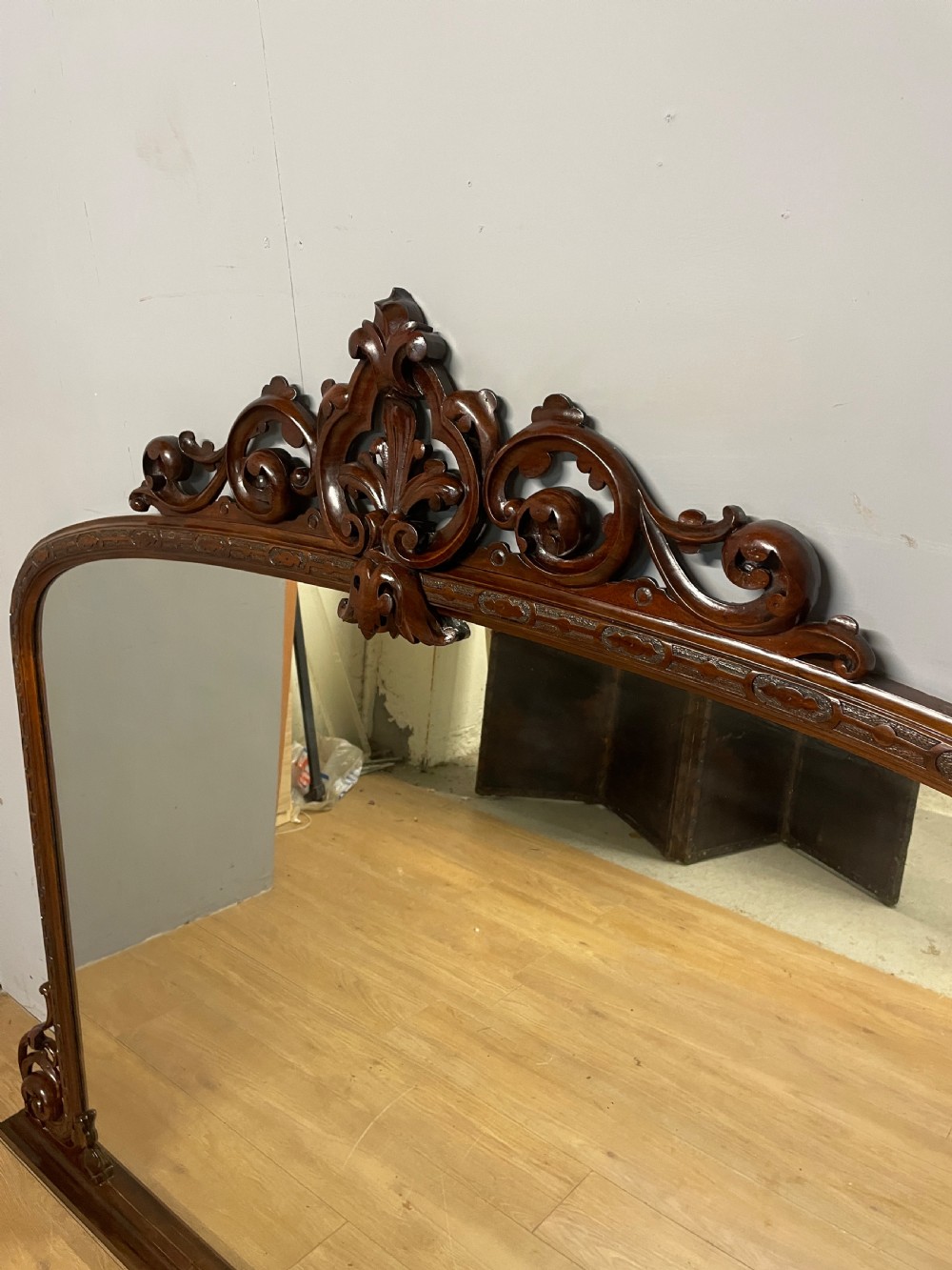 C19TH large carved walnut overmantel  View II