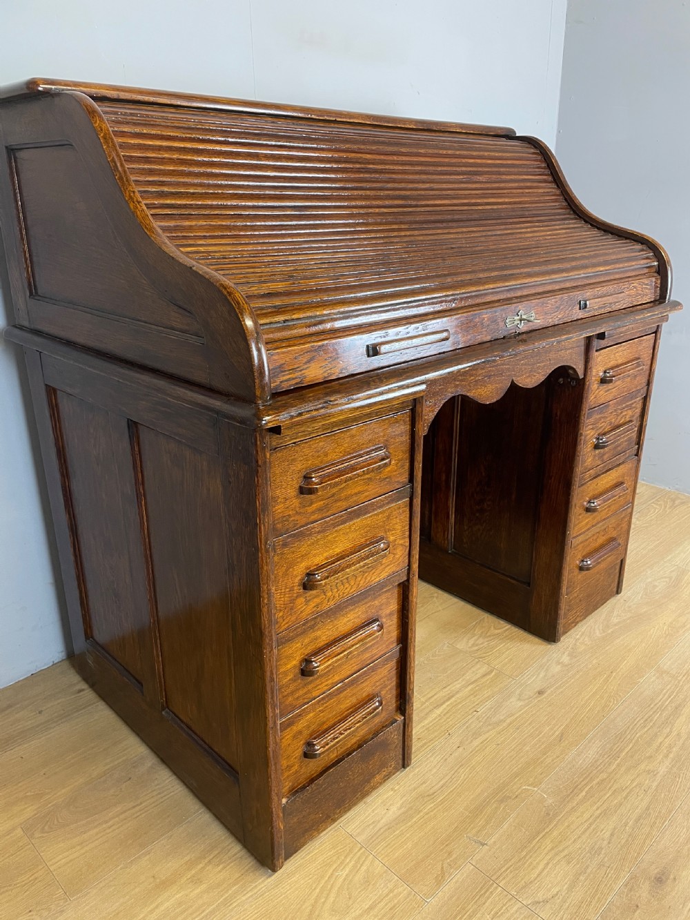 Edwardian solid oak roll top desk  View II