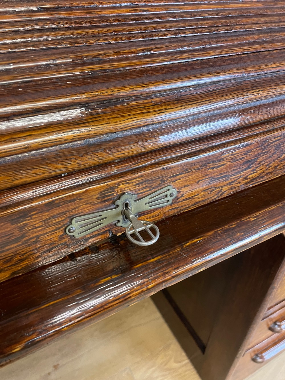 Edwardian solid oak roll top desk  View IV