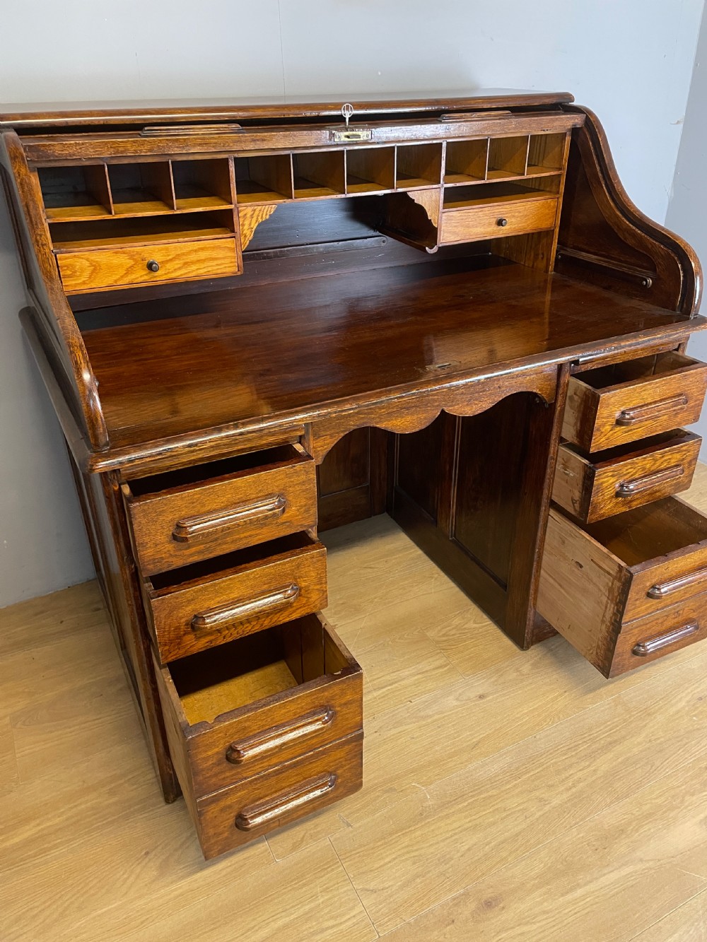 Edwardian solid oak roll top desk  View V
