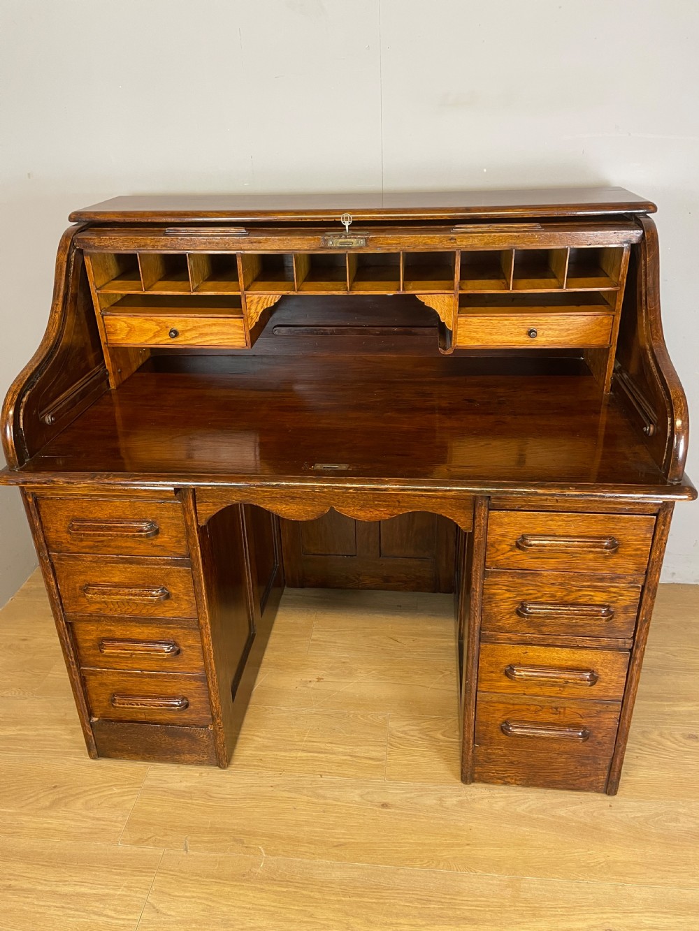 Edwardian solid oak roll top desk  View VI