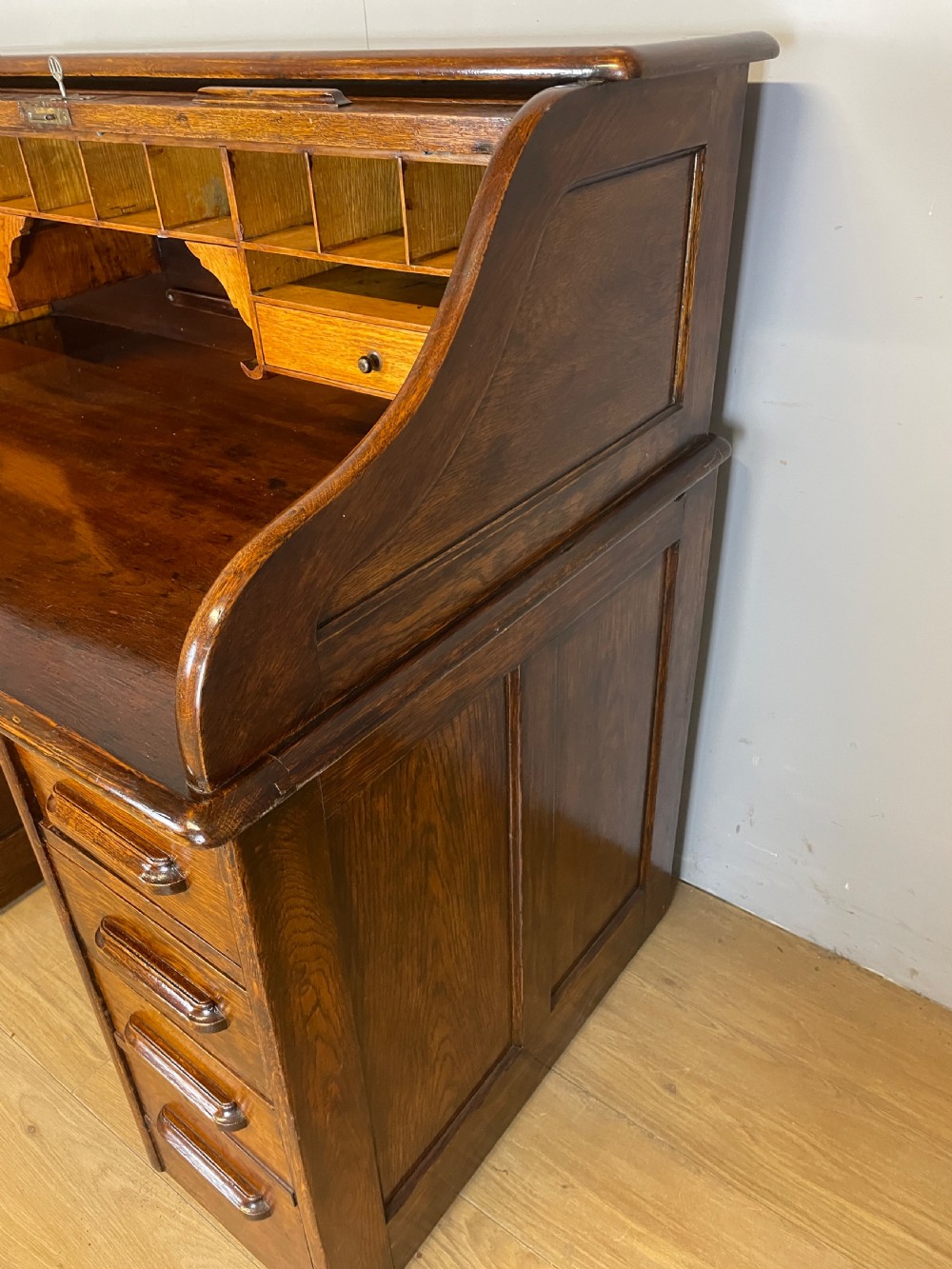 Edwardian solid oak roll top desk  View X