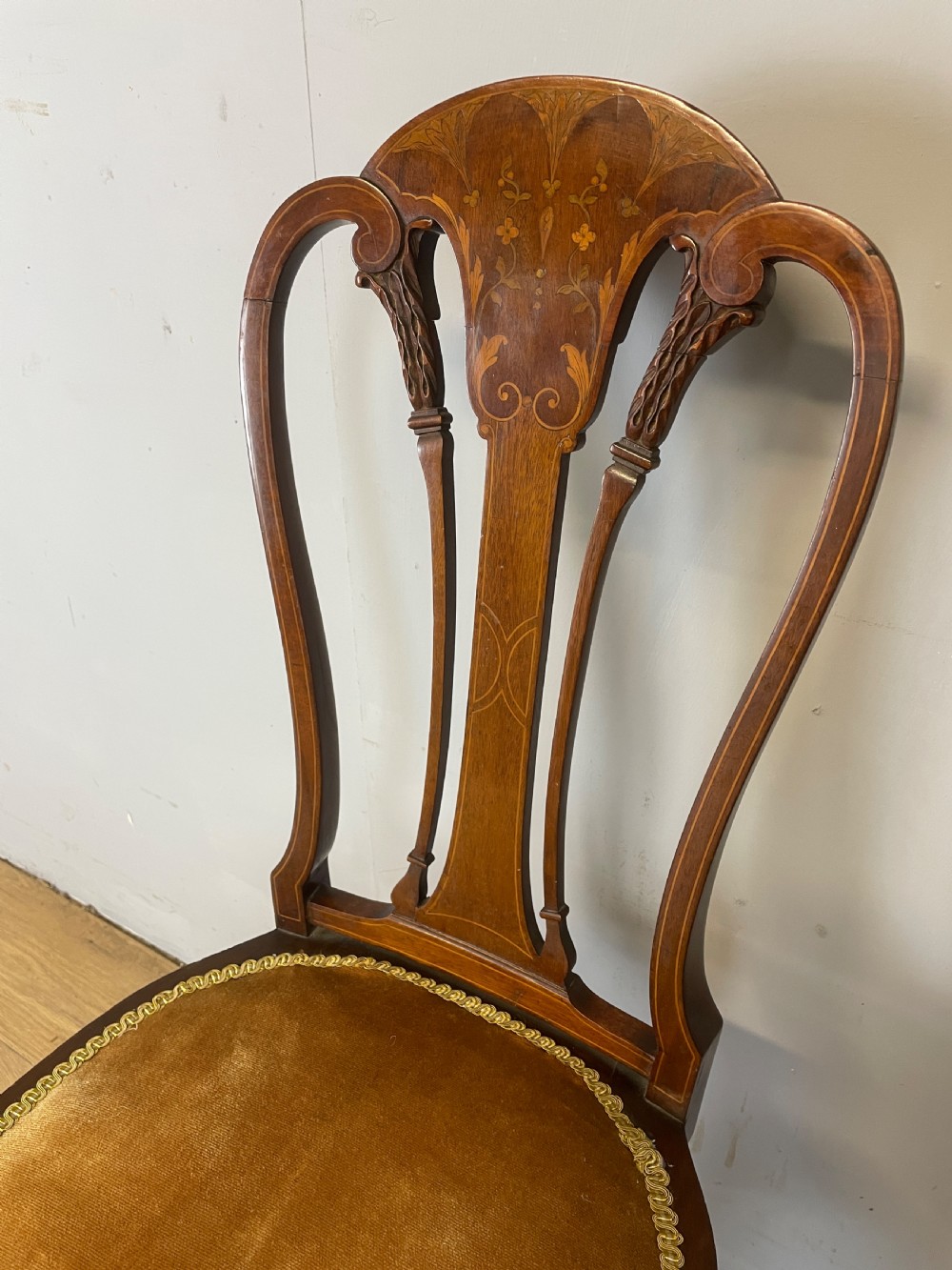 Edwardian inlaid mahogany musicians chair by Gane of Cardiff View II