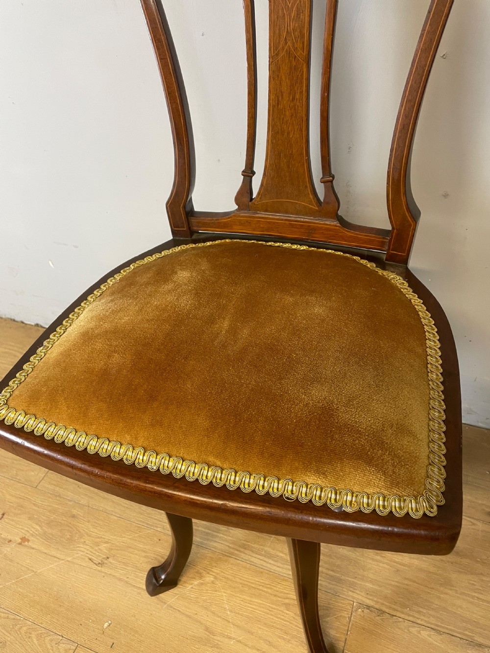 Edwardian inlaid mahogany musicians chair by Gane of Cardiff View III