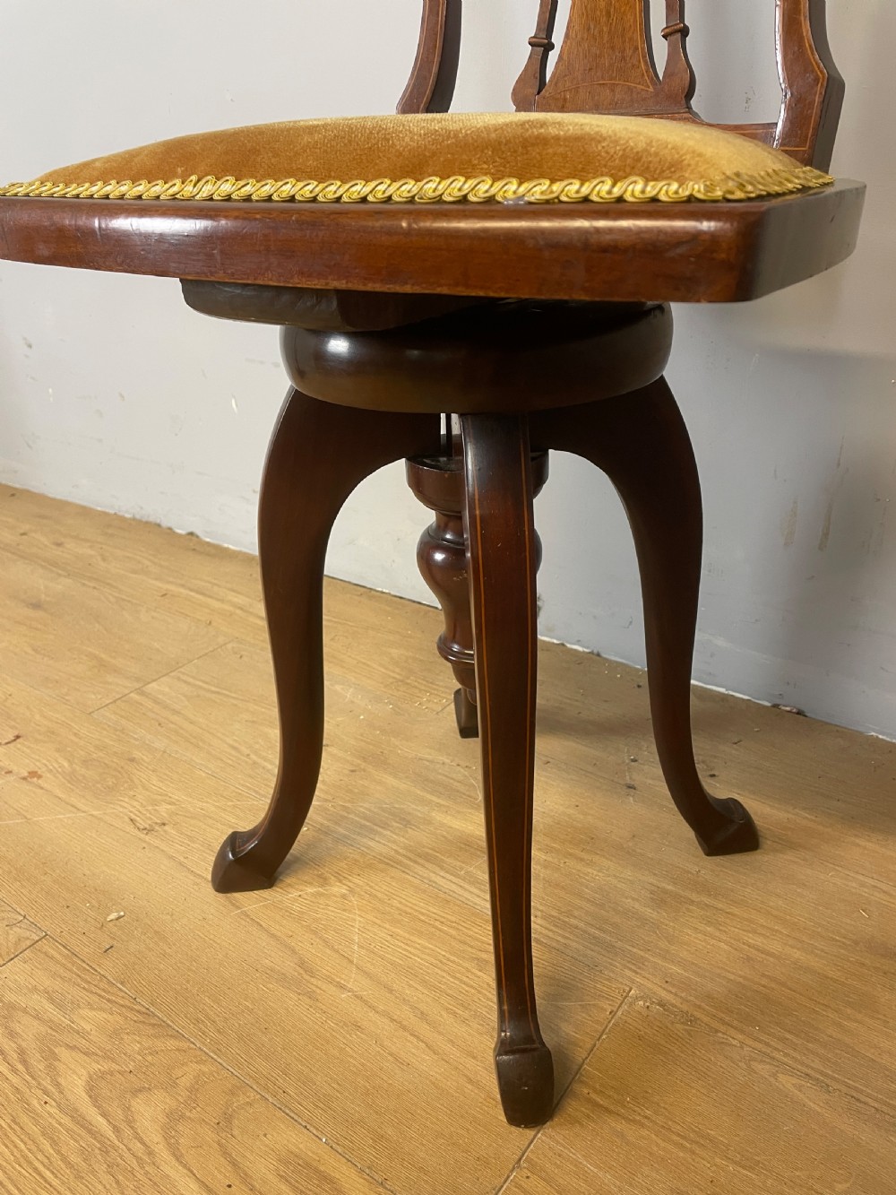 Edwardian inlaid mahogany musicians chair by Gane of Cardiff View IV