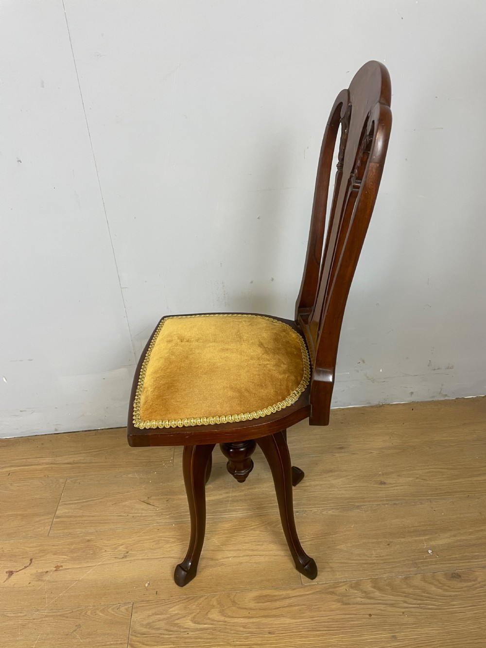 Edwardian inlaid mahogany musicians chair by Gane of Cardiff View VII