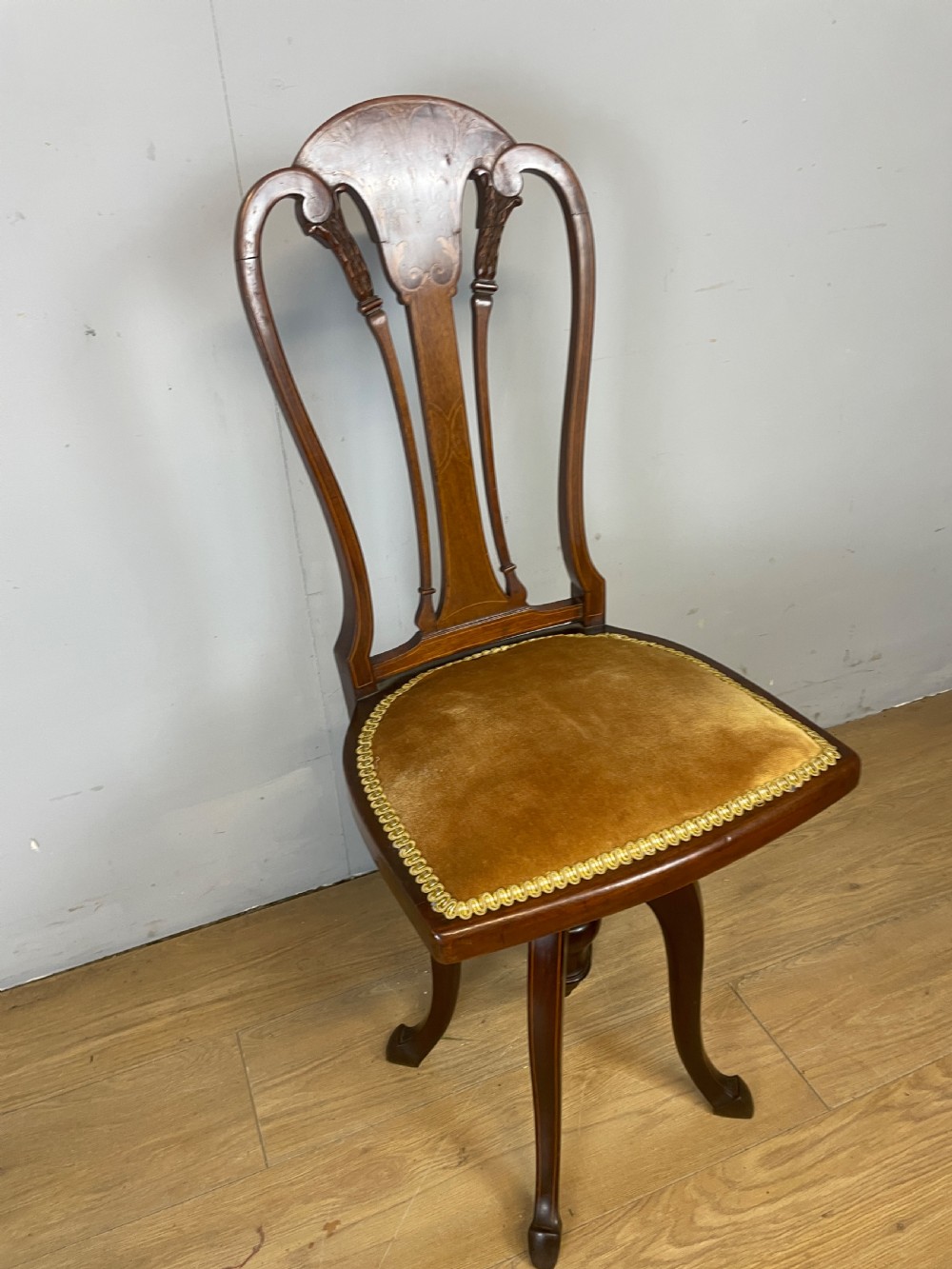 Edwardian inlaid mahogany musicians chair by Gane of Cardiff View X