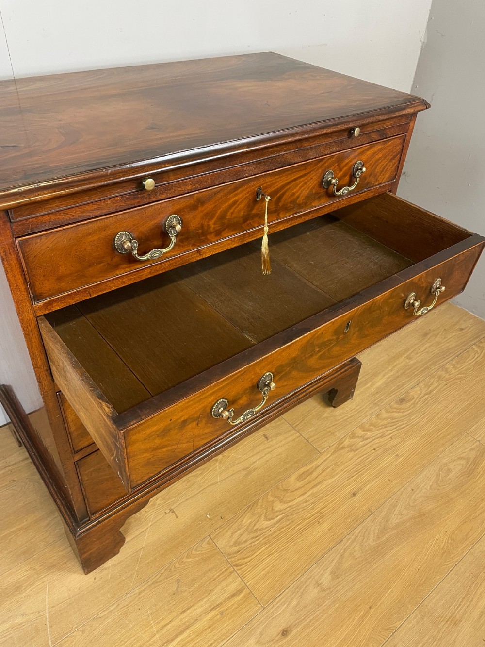 George III flame mahogany dressing chest circa 1770  View V