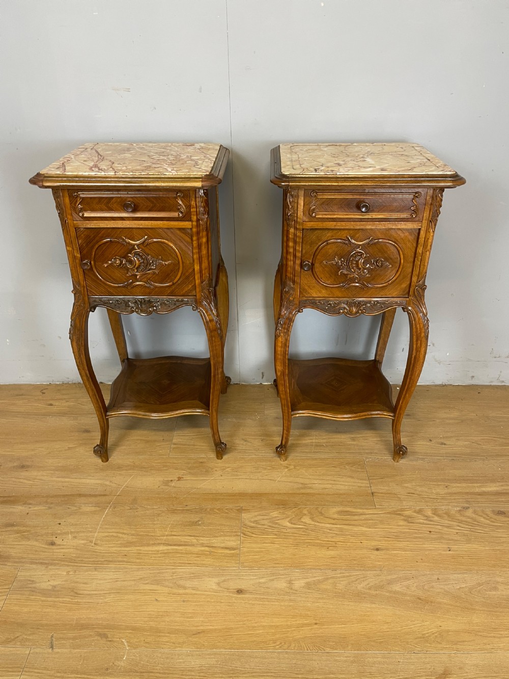 C19TH pair of walnut marble topped bedside cupboards 