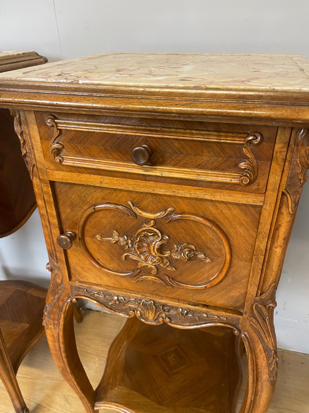C19TH pair of walnut marble topped bedside cupboards  View II
