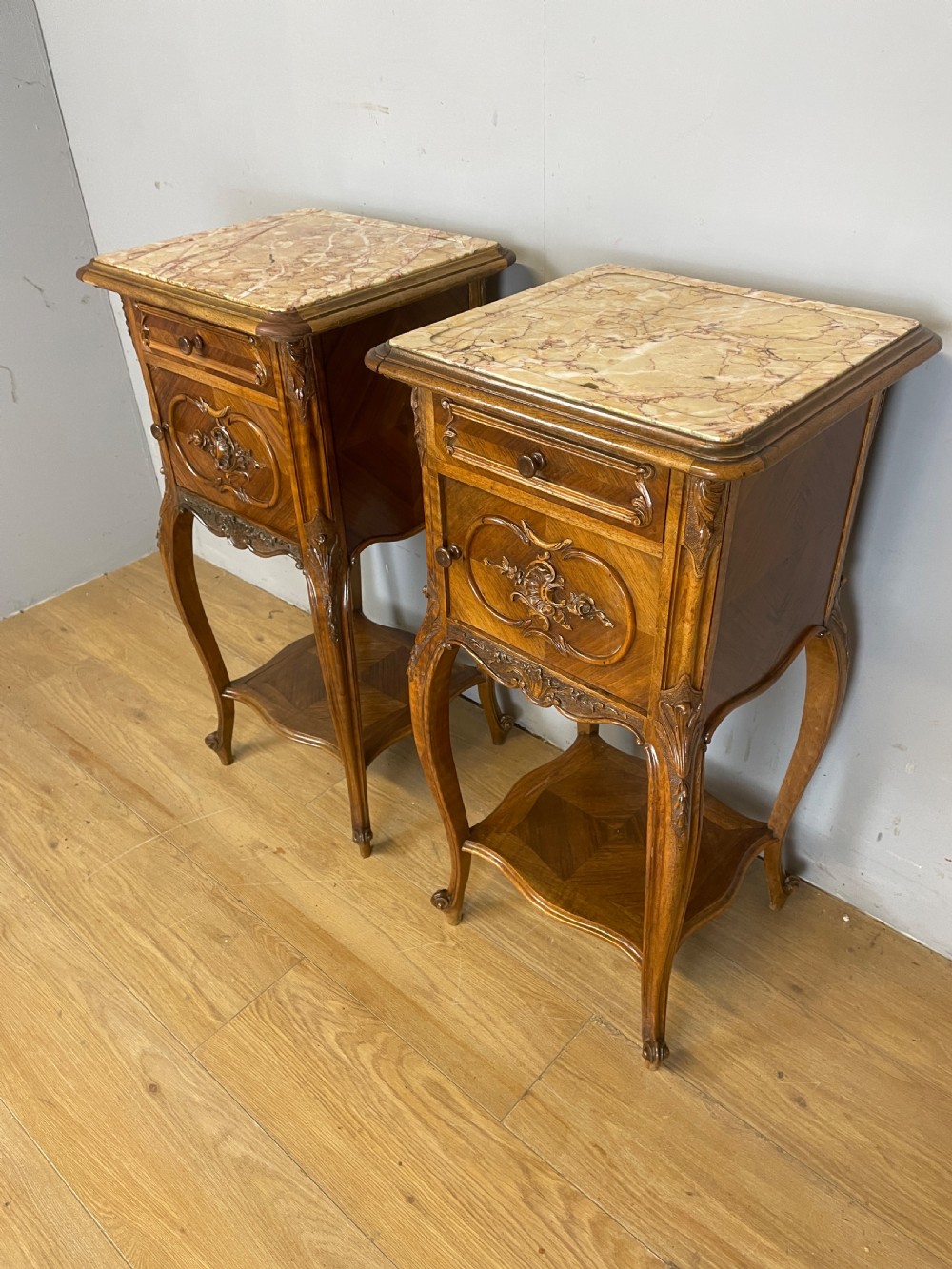 C19TH pair of walnut marble topped bedside cupboards  View III