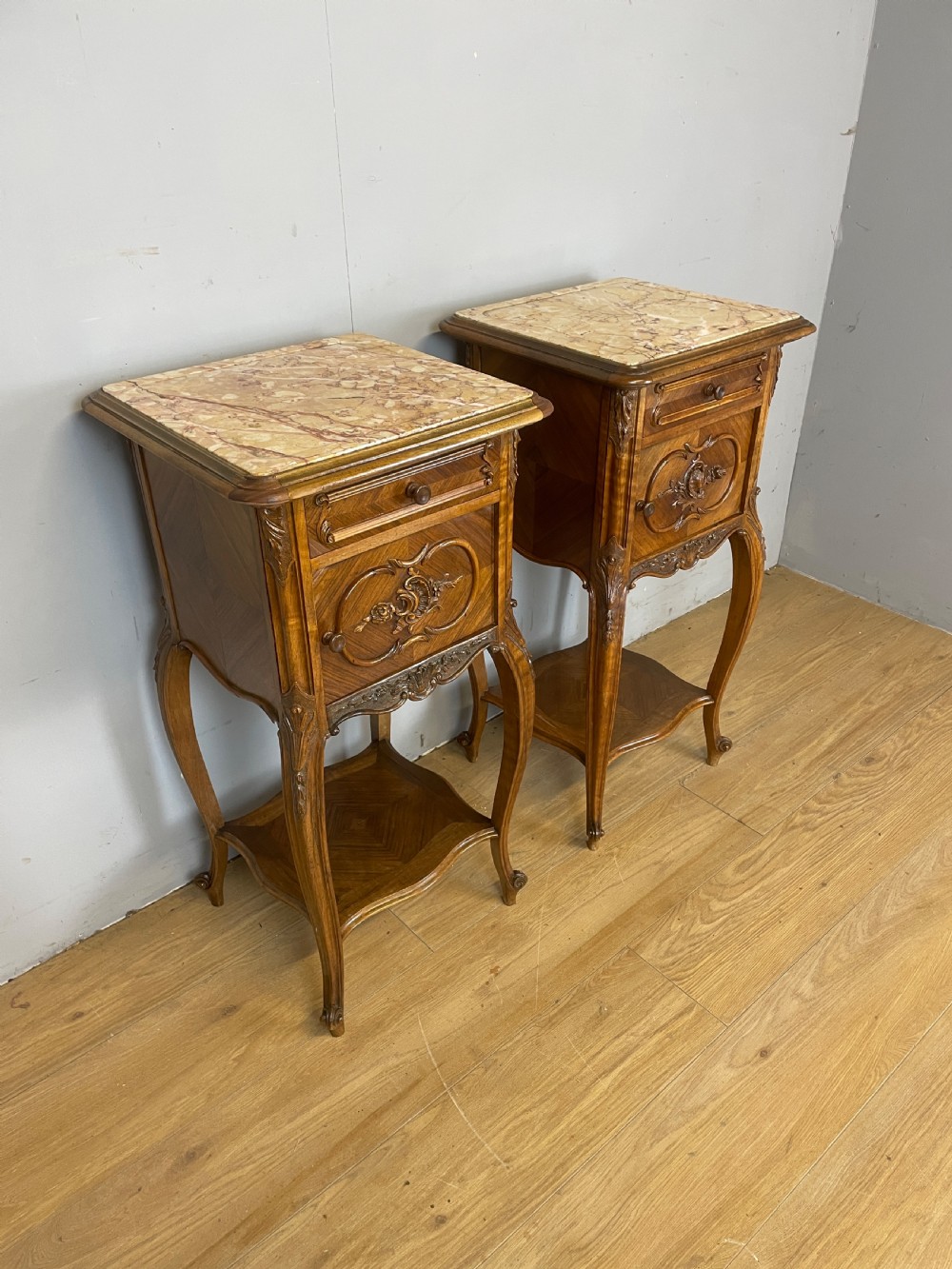 C19TH pair of walnut marble topped bedside cupboards  View IV