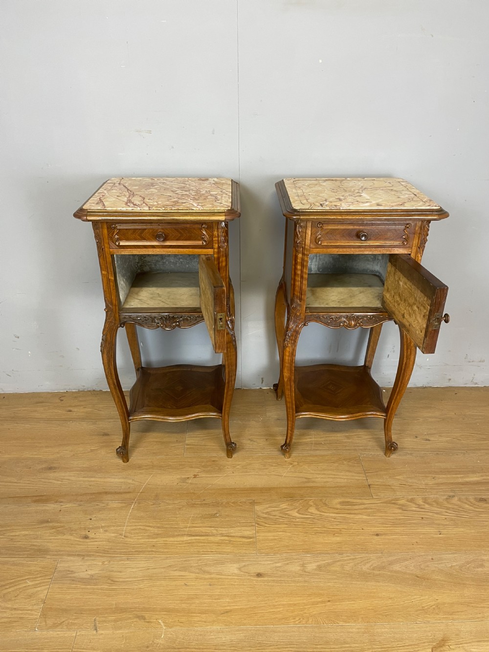 C19TH pair of walnut marble topped bedside cupboards  View VI