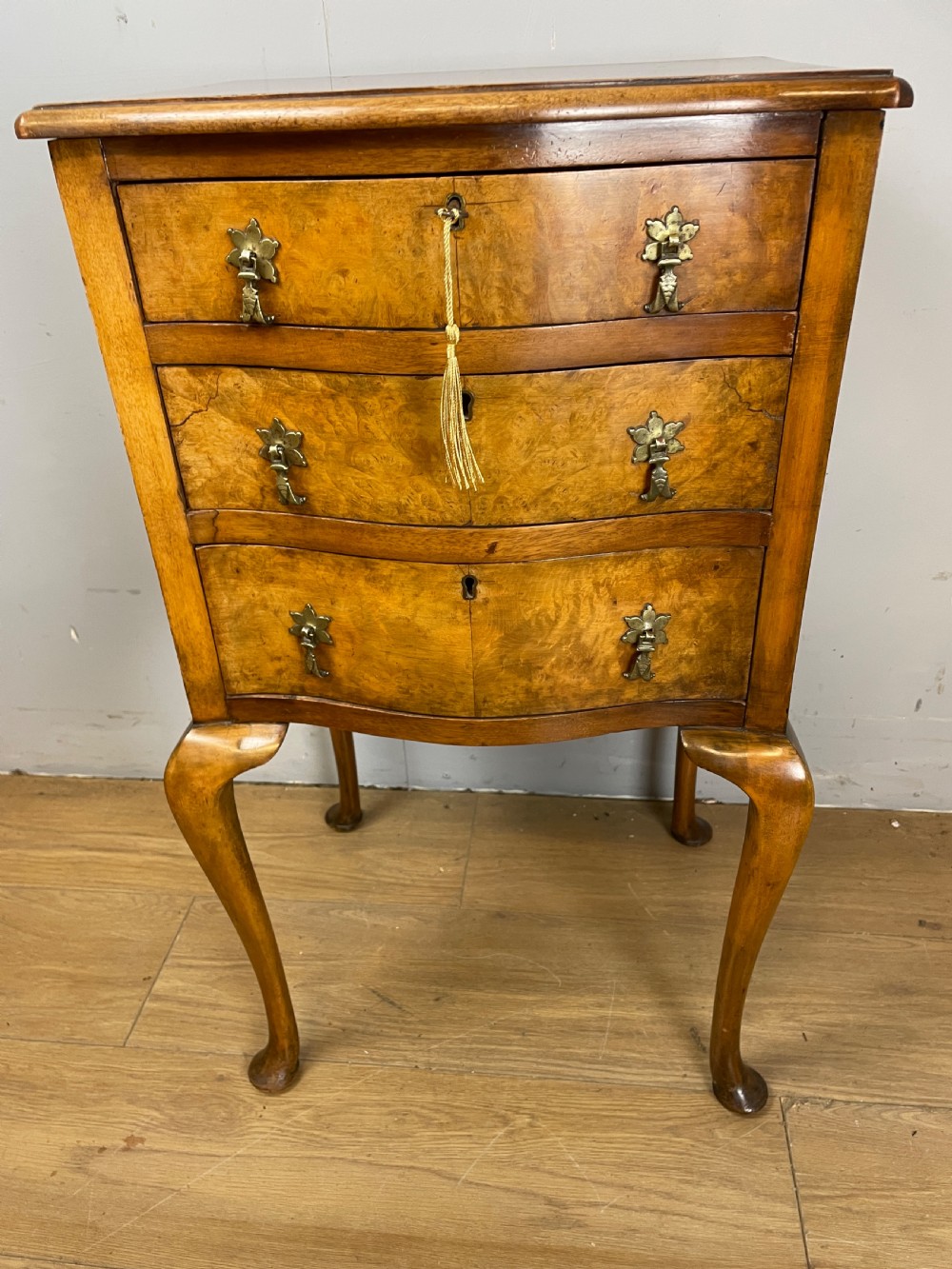 Burr walnut serpentine fronted three height chest of drawers  View II