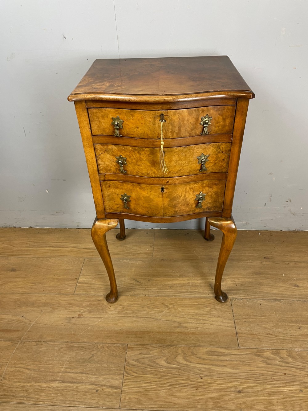 Burr walnut serpentine fronted three height chest of drawers  View IV