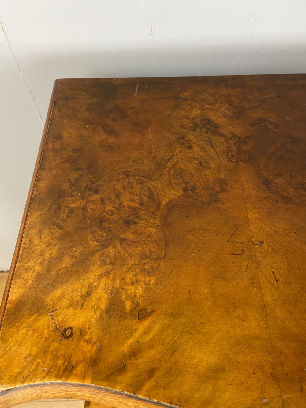 Burr walnut serpentine fronted three height chest of drawers  View XI