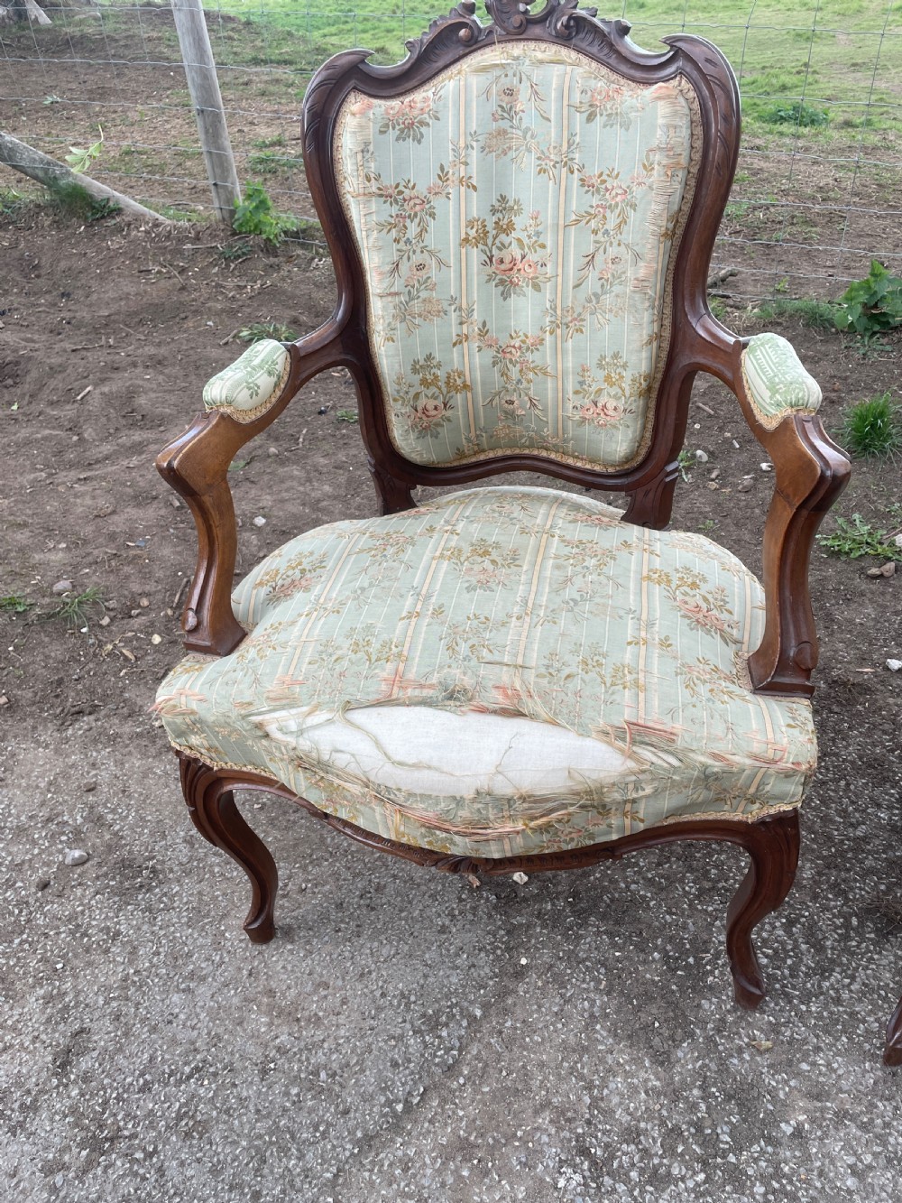 Pair of French Louis XV style Fauteuils chairs in worn country house condition  View III