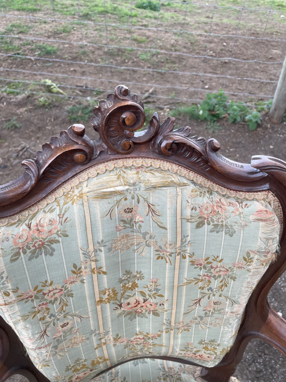 Pair of French Louis XV style Fauteuils chairs in worn country house condition  View IV