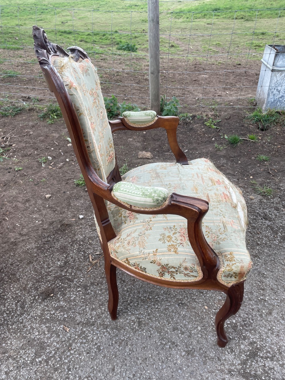 Pair of French Louis XV style Fauteuils chairs in worn country house condition  View VI