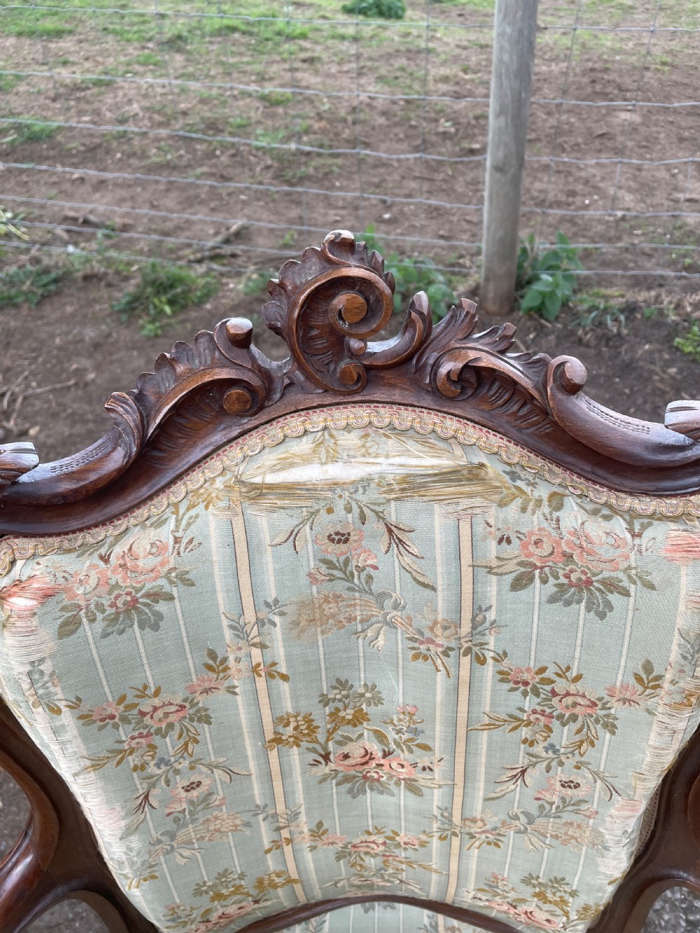 Pair of French Louis XV style Fauteuils chairs in worn country house condition  View VII