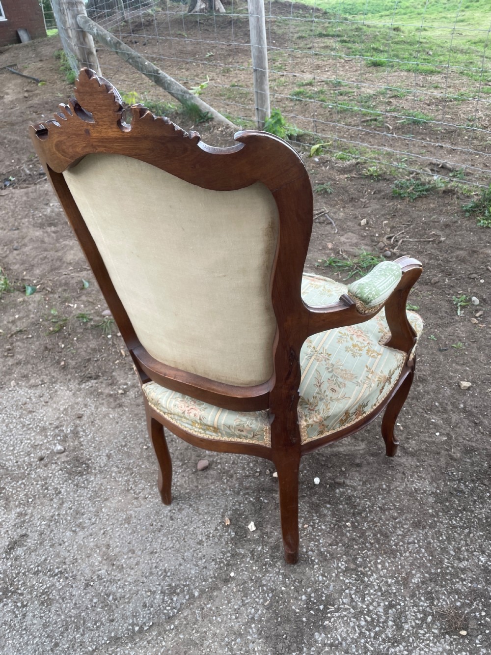 Pair of French Louis XV style Fauteuils chairs in worn country house condition  View VIII