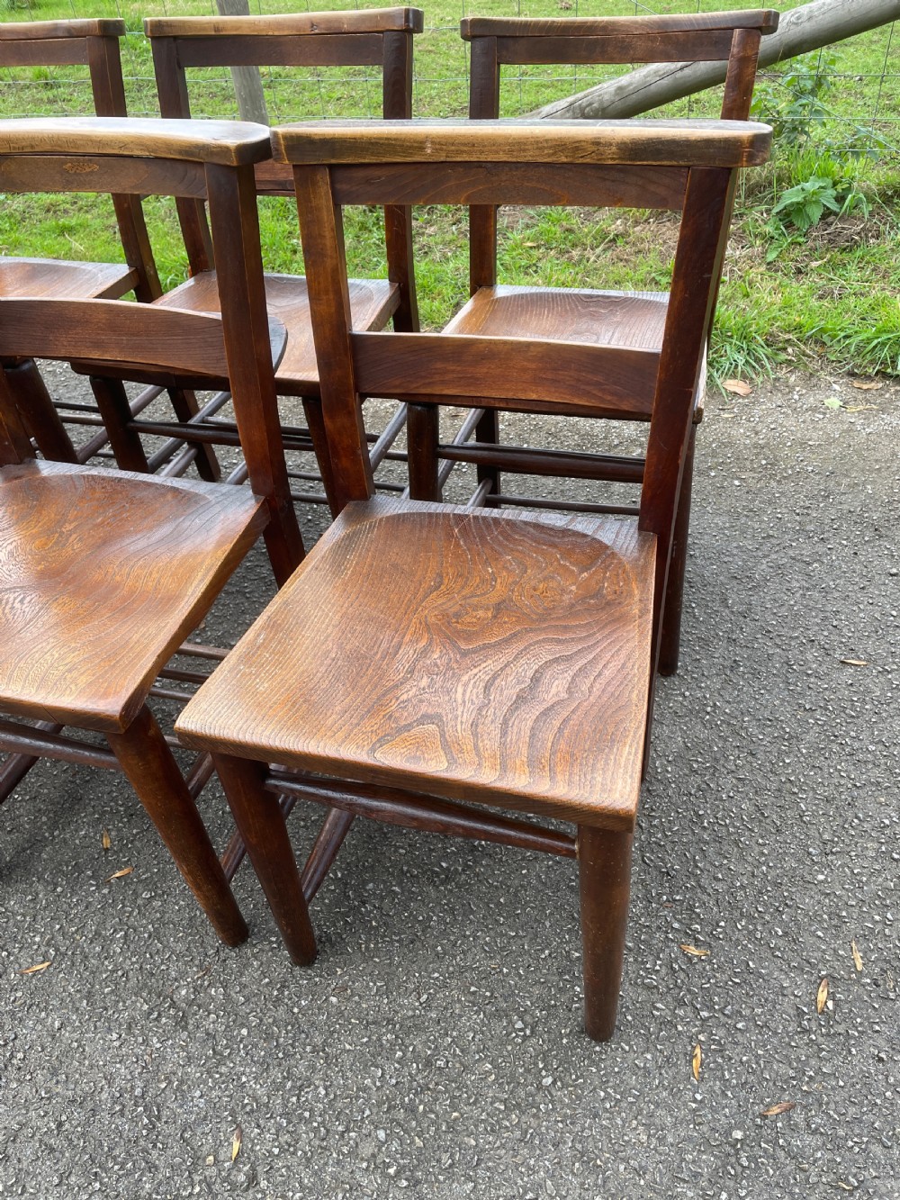 Set of 12 Victorian elm seated chapel chairs  View II