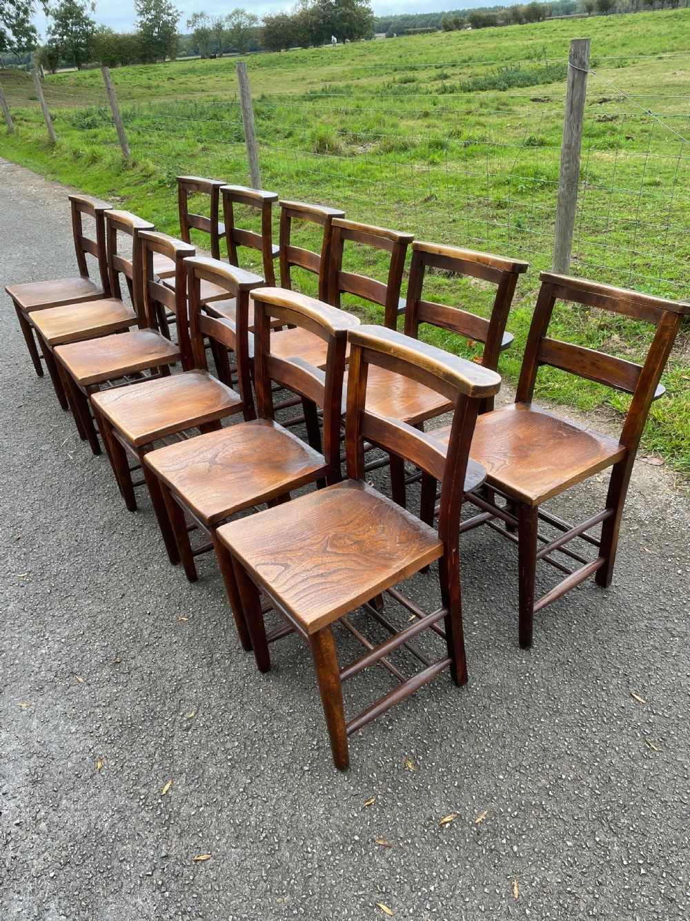 Set of 12 Victorian elm seated chapel chairs  View III